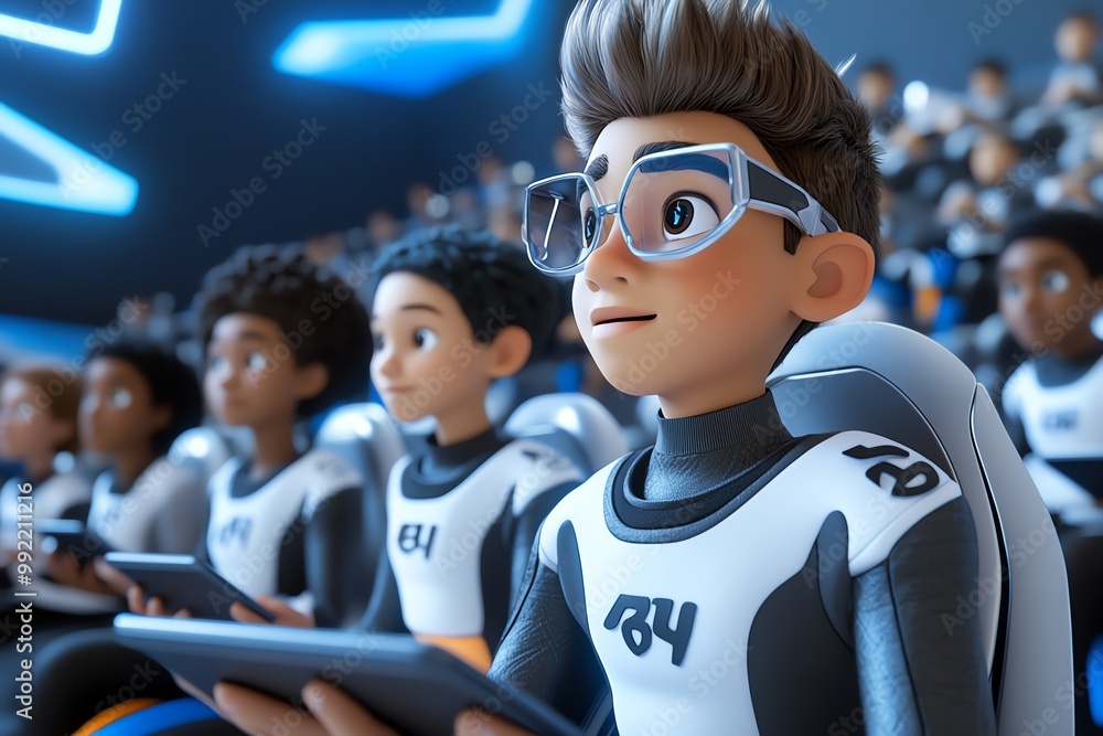 Aufkleber A 3D-animated group of students using futuristic tablets, where they can pull up interactive 3D models for a more immersive learning experience