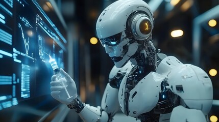 Fototapeta premium Sleek robot giving a vaccine to a human, soft glowing syringe, futuristic clinic with blue LED lighting, holographic displays showing patient data