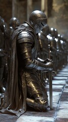 Knight in armor kneeling with sword, medieval warrior, fantasy art