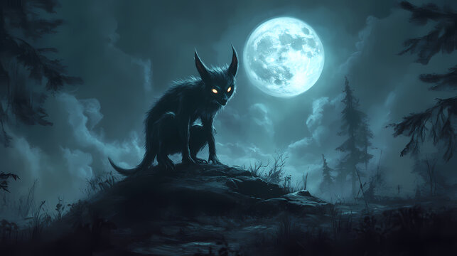 A mysterious chupacabra monster with glowing eyes under a full moon in a dark eerie landscape. Chupacabra. Illustration