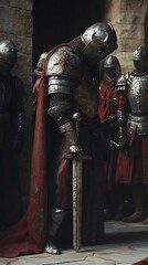 Medieval knight in full armor with sword, standing with other knights. Historical fantasy concept
