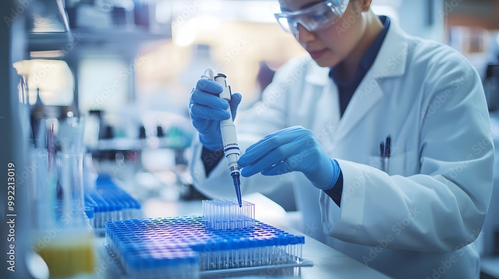 Aufkleber scientist using a pipette to fill test tubes in a laboratory