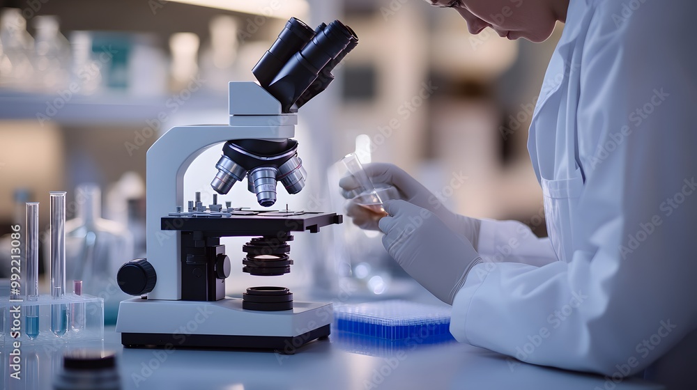 Poster scientist examining sample with a microscope in a laboratory