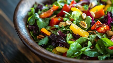 Image of a fresh, colorful vegetable salad in a wooden bowl featuring leafy greens, bell peppers, tomatoes, and sprinkled with nuts, captured in vibrant detail and bright colors.