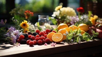 Naklejka premium Langsat fruits scattered a bright pastel picnic table with a lush garden and colorful drinks blurred in the background creating a cheerful and inviting setting Scientific name Lansium parasiticum