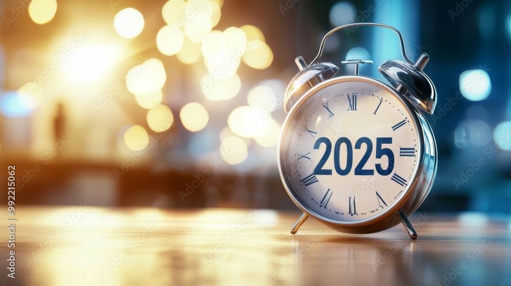 Poster a clock with the number 2025 on it sits on a table