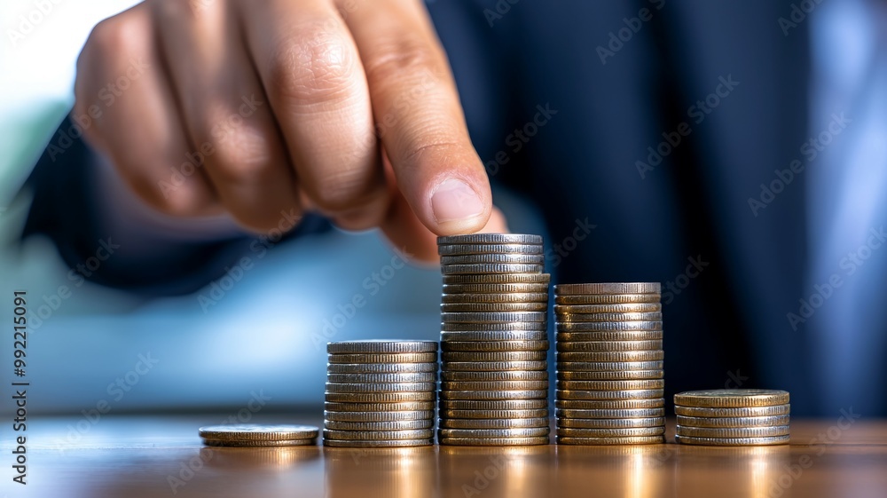 Poster a person is placing coins on top of each other, creating a stack