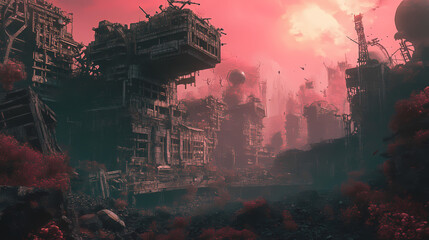 A cybernetic wasteland ravaged by the fallout of war, where the remnants of humanity struggle to survive amidst the ruins of their own making. illustration. Futuristic Wasteland. Illustration