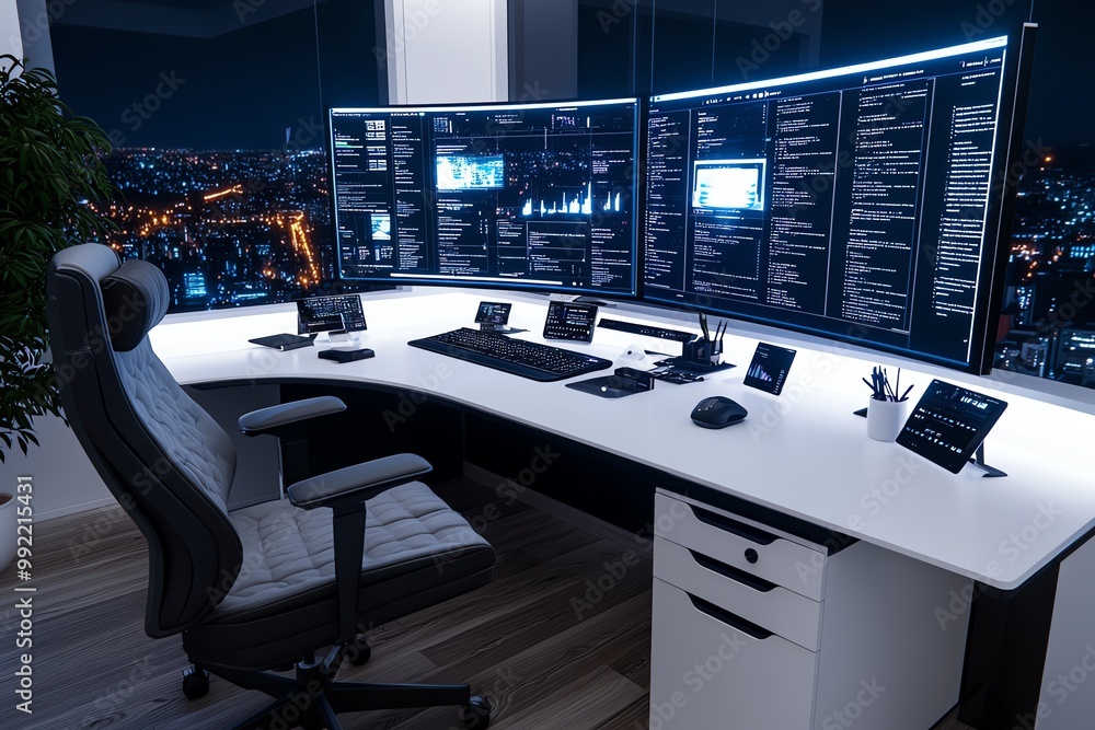 Poster a 3d-rendered home office, with a clean desk setup, digital screens floating above, and detailed tex