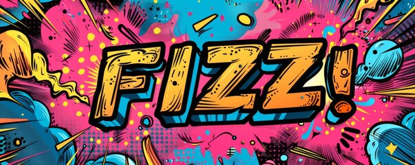 Energetic pop art background featuring "FIZZ." Explosion theme, Comic book style, Bright vector
