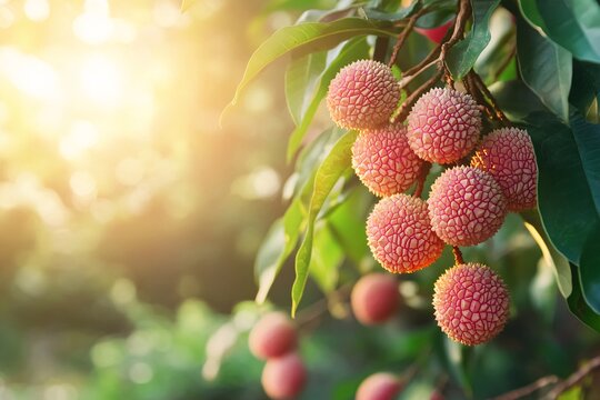 Lychee Fruit Tree Branch with Sunbeams