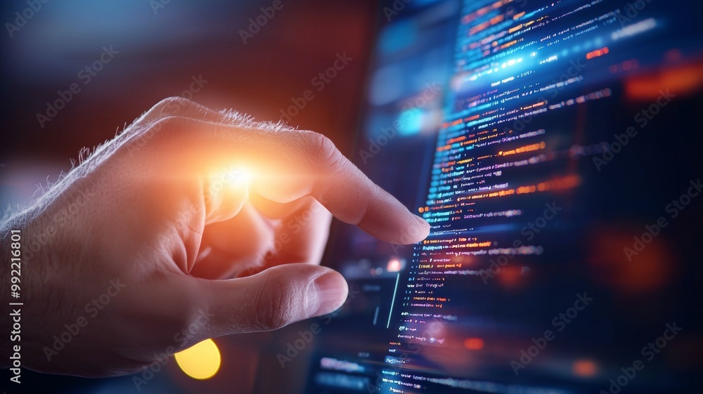 Aufkleber a hand is pointing at a computer screen with a bright orange light shining on it