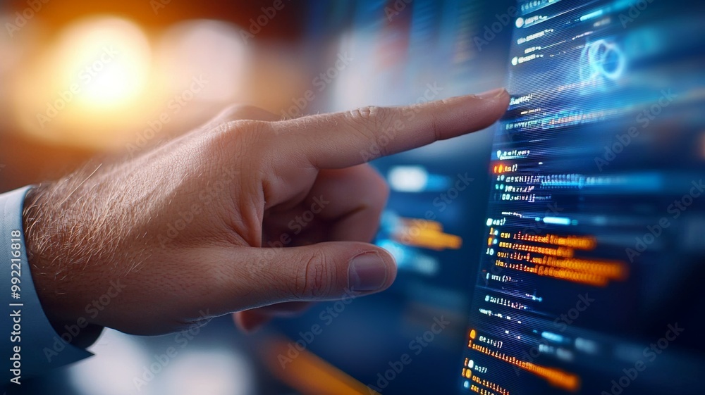 Poster a hand pointing at a computer screen with a blue background