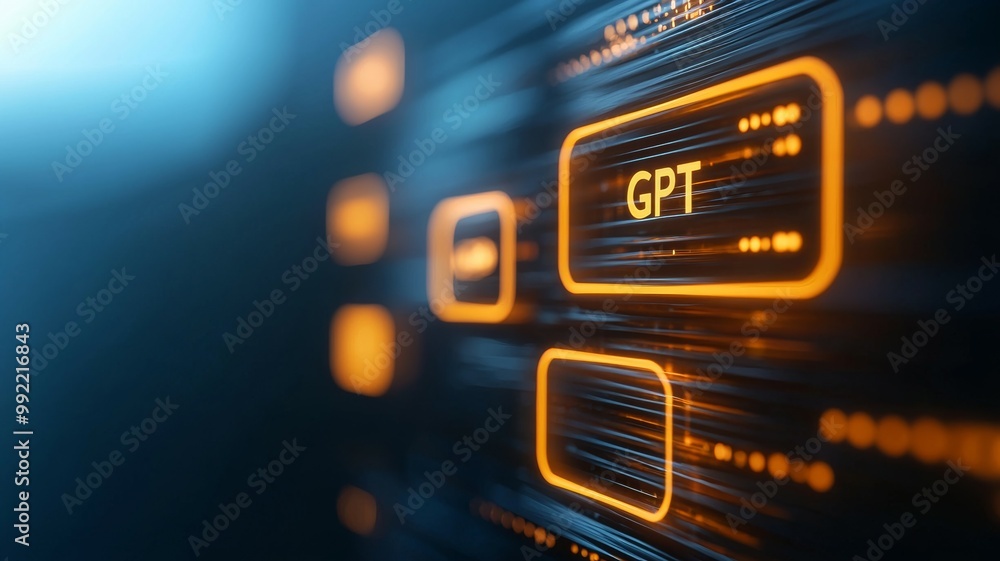 Poster a computer screen with a glowing orange gpt symbol