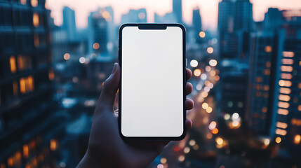Smartphone mockup held with city skyline at dusk