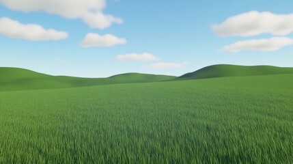 A sprawling green field stretches under a bright blue sky adorned with fluffy white clouds, evoking a sense of peace and openness. Gentle hills are visible in the distance.
