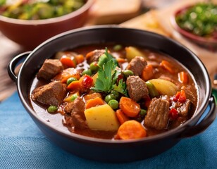 Hearty dinner stews with depth of field featuring tender meats and flavorful vegetables