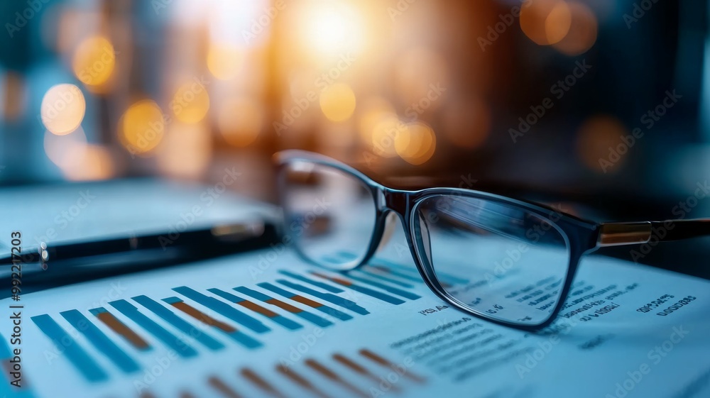 Poster a pair of glasses sits on top of a piece of paper with a graph on it