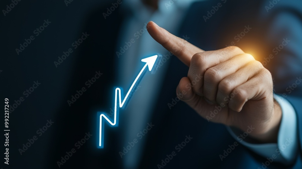 Aufkleber a man is pointing at a graph with a blue arrow