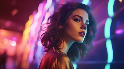 Fototapeta premium Woman with Curly Hair Posing in Neon Lights
