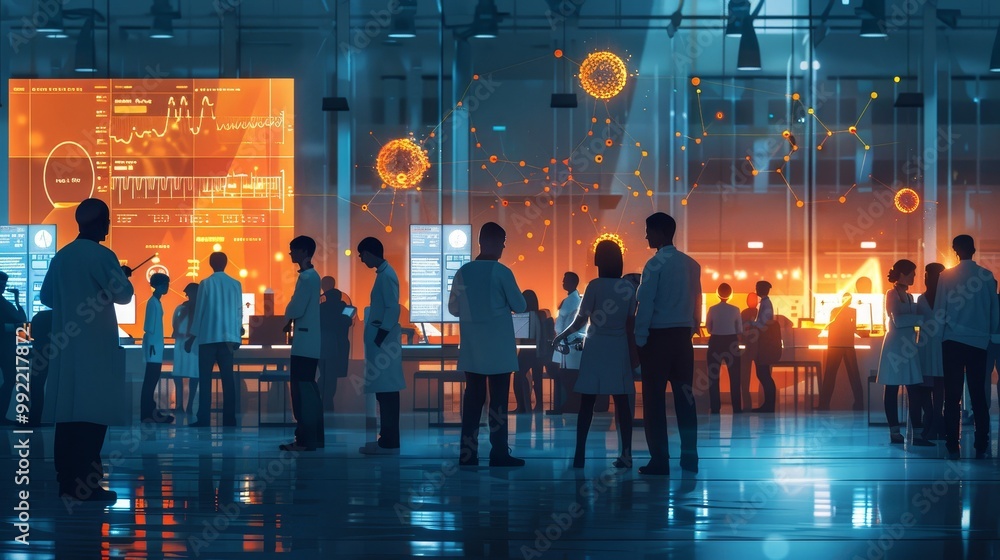 Poster a group of scientists in lab coats gathers around glowing screens, analyzing data in a futuristic la