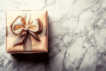 A beautifully wrapped gift box with a satin gold ribbon sits elegantly on a marble surface, exuding a sense of luxury and attention to detail, ideal for special occasions.