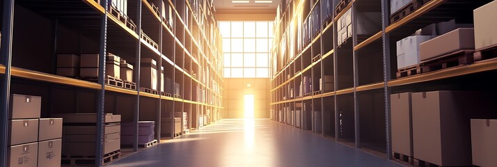 Empty warehouse aisle with sunlight streaming through a window. Concept of storage, logistics, and distribution.