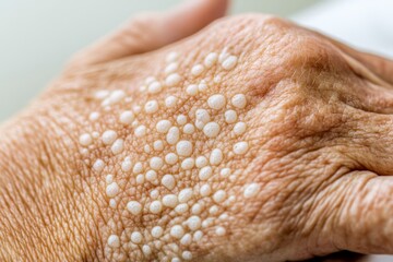 Fototapeta premium Close-up image of an elderly person's hand covered in white spots, displaying a characteristic skin condition common in later years, vividly captured in high detail.