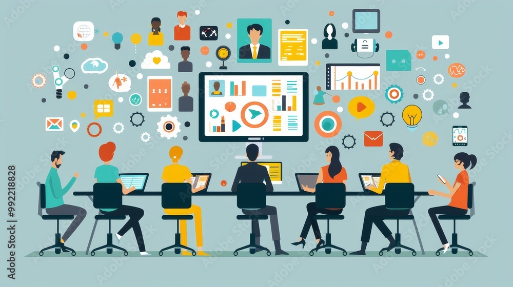 Poster a group of diverse professionals engaged in a digital meeting, surrounded by various icons and graph