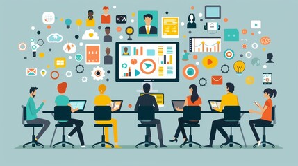 A group of diverse professionals engaged in a digital meeting, surrounded by various icons and graphics representing data and communication tools.