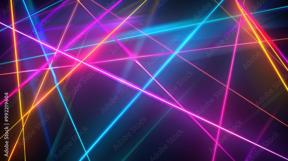 Poster abstract background featuring vibrant laser lines of light in neon colors, crossing paths in dynamic