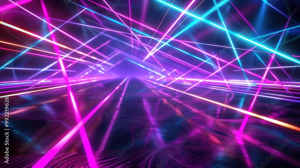 Poster abstract background featuring vibrant laser lines of light in neon colors, crossing paths in dynamic