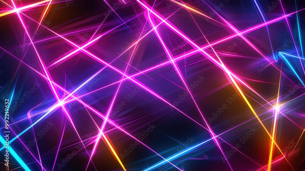Poster abstract background featuring vibrant laser lines of light in neon colors, crossing paths in dynamic