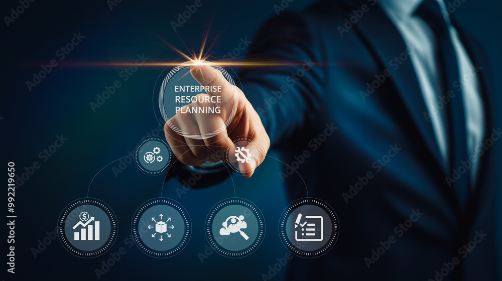 Poster a businessman engages with a virtual interface for enterprise resource planning (erp), showcasing th