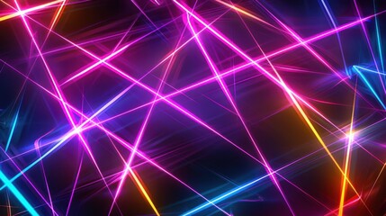 Abstract background featuring vibrant laser lines of light in neon colors, crossing paths in dynamic patterns on a dark backdrop