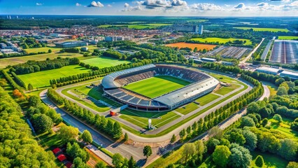 Aerial View of a Modern Stadium Surrounded by Lush Green Landscape on a Bright Sunny Day