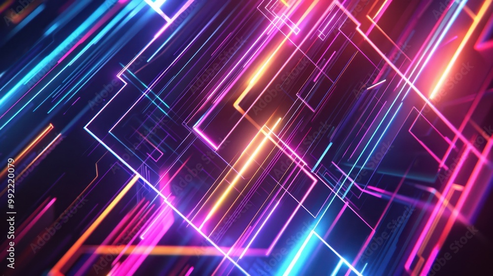 Poster abstract geometric lines in bright neon colors, forming dynamic patterns on a dark background, perfe