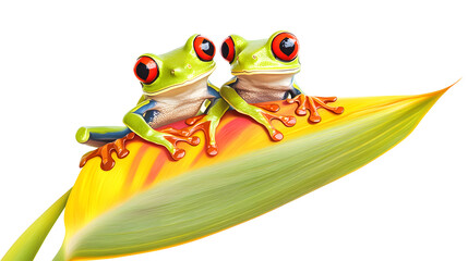 two red-eyed tree frogs sitting on a heliconia flower isolated on white background, flat design,...