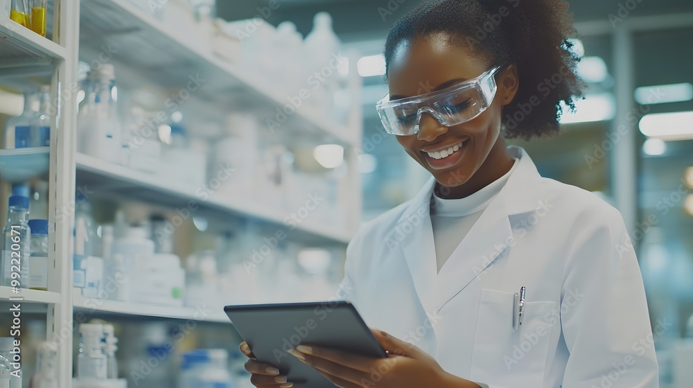 Poster a smiling female scientist using a tablet in a laboratory setting