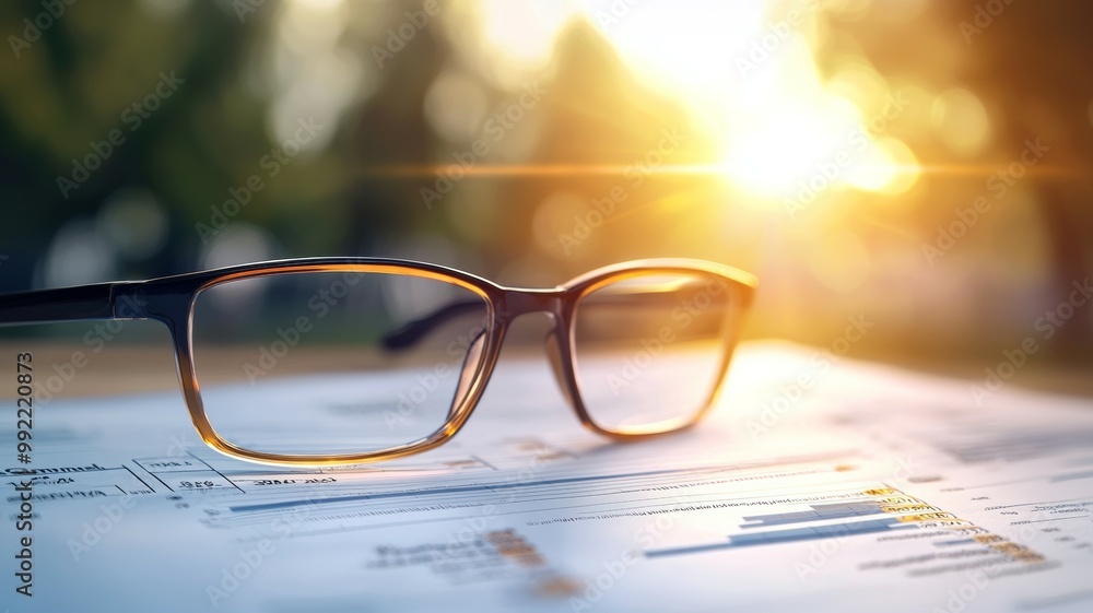 Poster a pair of glasses is sitting on top of a piece of paper with numbers and graphs