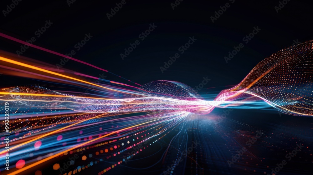 Poster abstract laser beams of light forming dynamic patterns on a black backdrop, creating a high-tech aes