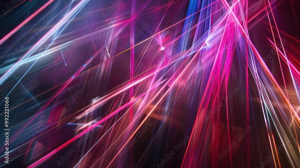 Poster abstract laser beams of light forming dynamic patterns on a black backdrop, creating a high-tech aes