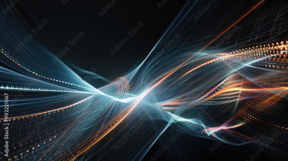 Poster abstract laser beams of light forming dynamic patterns on a black backdrop, creating a high-tech aes