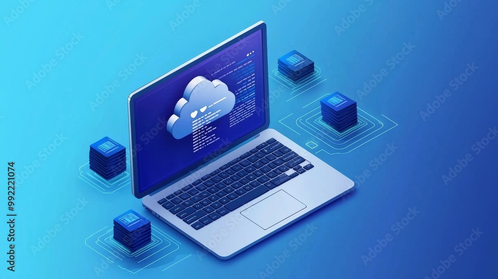 Poster a laptop computer is open to a screen with a cloud on it