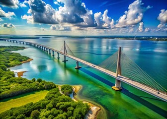 Aerial View of the Iconic Skyway Bridge over Water Surrounded by Lush Greenery and Blue Skies