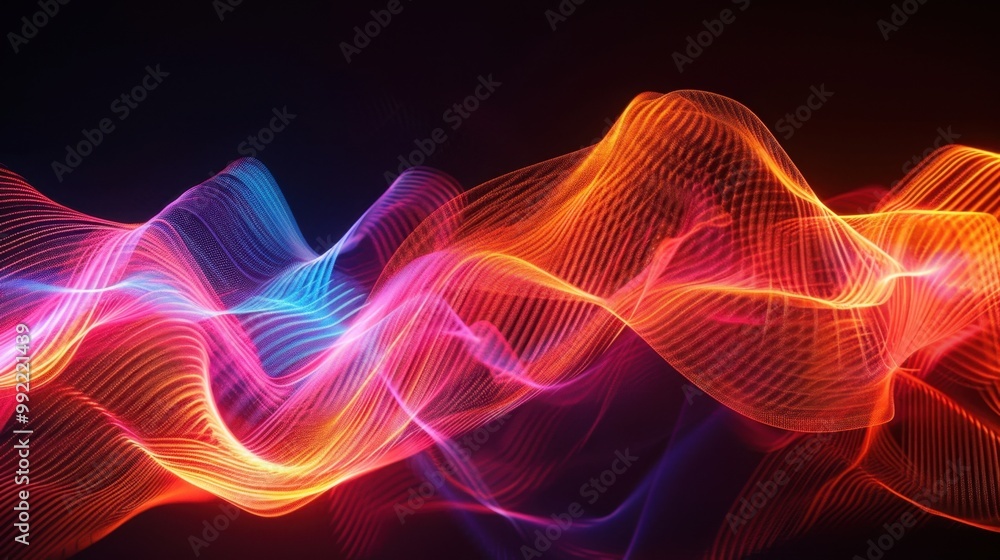 Poster abstract laser light beams forming dynamic wave patterns on a black backdrop, creating a sense of mo