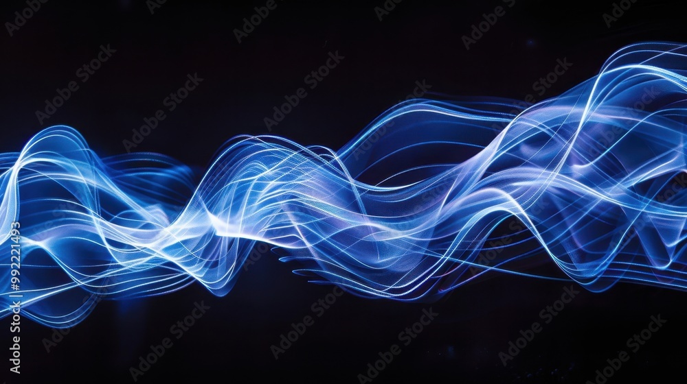 Poster abstract laser light beams forming dynamic wave patterns on a black backdrop, creating a sense of mo