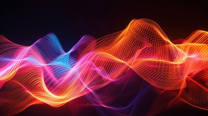 Abstract laser light beams forming dynamic wave patterns on a black backdrop, creating a sense of movement and energy