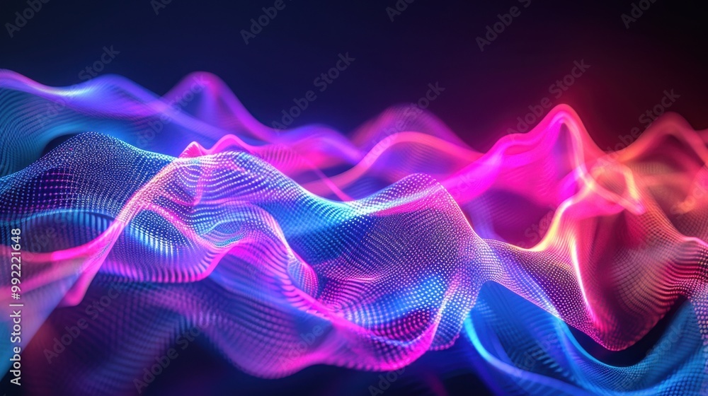 Poster abstract laser light beams in neon colors, forming dynamic wave patterns on a dark background