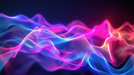 Abstract laser light beams in neon colors, forming dynamic wave patterns on a dark background